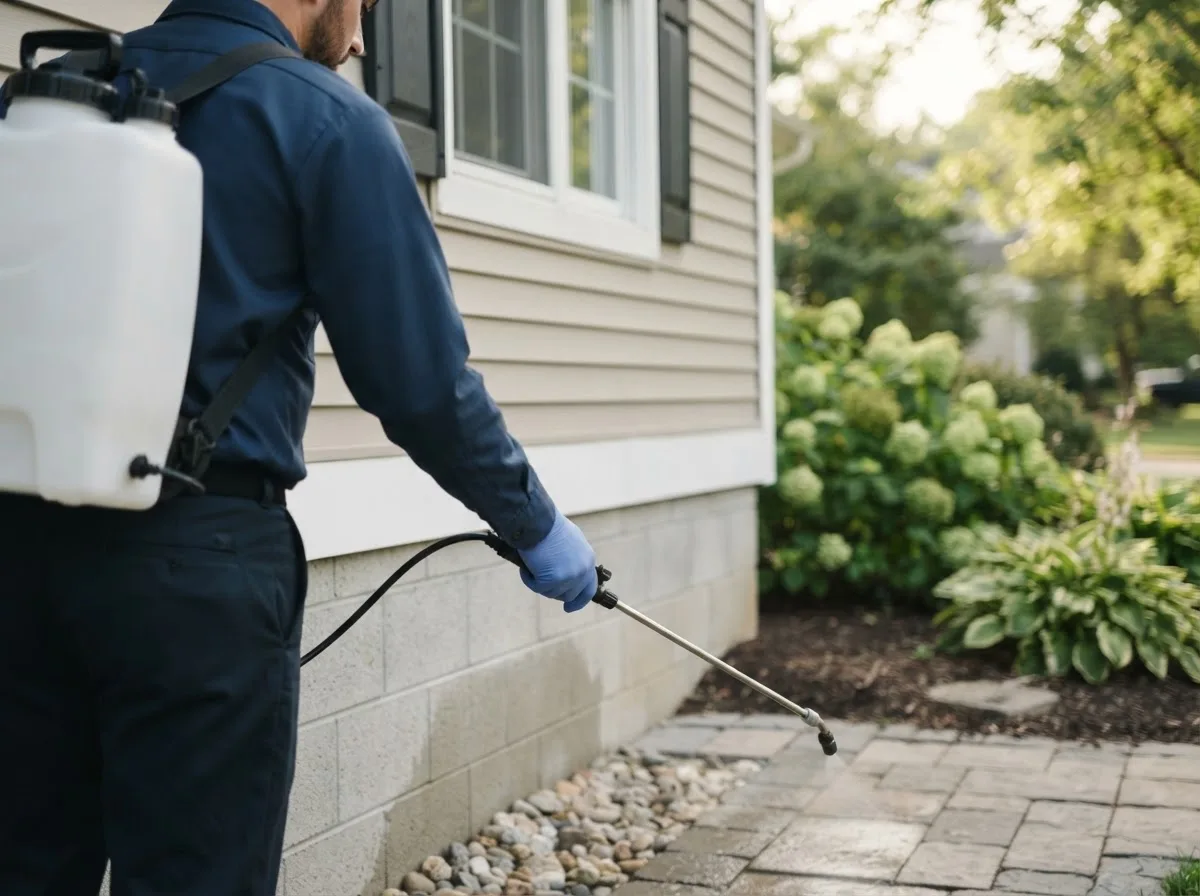 Pest control technician inspecting a home in Luxemburg, IA